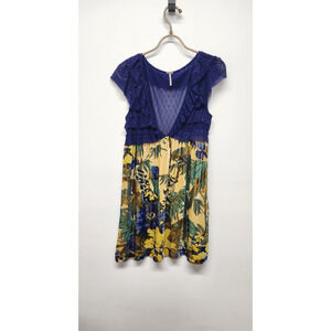 Free People Women's Boho Velvet/Lace Babydoll Mini Dress, Size M. Yellow/Blue